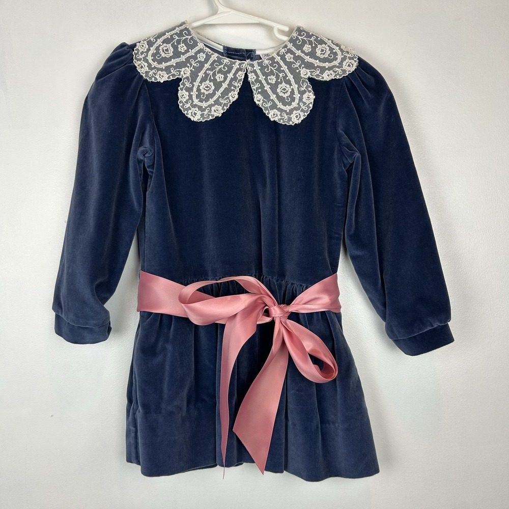 Vintage Velvet Dress Girls 6 Lace Trim Collar Blue Cottage Core 80s Drop Waist